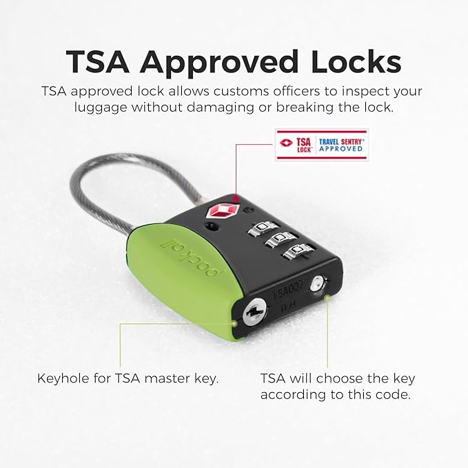 pack all TSA Approved Cable Luggage Locks, 3 Digit Combination Padlocks, Travel Lock for Suitcases & Bag, Alloy Body, Travel Accessories (1 Pack)（Apple Green）