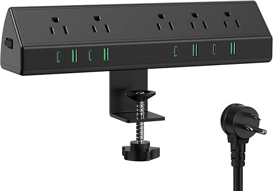 45W Fast Charging Station,Desk Clamp Power Strip,4 PD USB-C Ports,5 AC Outlets,Surge Protector Power Strip, 14AWG Heavy Duty Cord, Fits 1.9" Tabletop Edge (Black, 20 FT Cable)