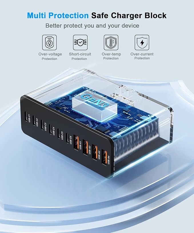 USB C Charging Station 10 Port with 4 USB Cables, 200W GaN Type C Charger Block, Wall Charger Power Strip Adapter Plug for iPad iPhone16 15 14 13 12 Pro Max Pixel Note Galaxy