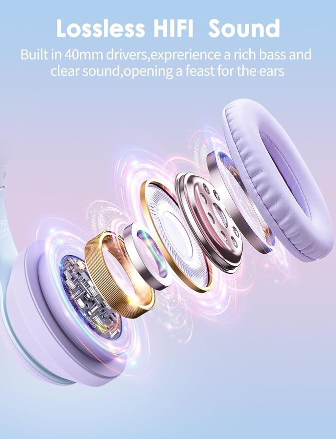 Cat Ear Bluetooth Headphones with Micphone for Kids & Adults, LED Light Up Wireless HI-FI Sound Quality, Over-Ear Headphones with Volume Control for iPhone/iPad/Laptop/PC(55H Play Time)