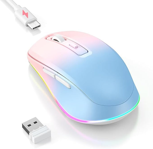 PEIOUS Wireless Mouse Jiggler - LED Wireless Mice with Build-in Mouse Mover, Rechargeable Moving Mouse for Laptop with Undetectable Random Movement Keeps Computers Awake - Blue to Pink
