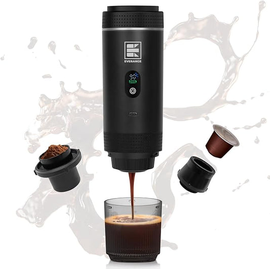 Portable Electric Espresso Machine, Travel Coffee Maker Brewer Compatible with Ground Coffee & NS Capsules (Black with LCD Screen)