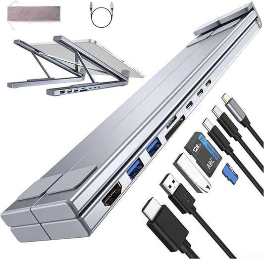 8-in-1 USB C Laptop Docking Station Stand, Laptop Tablet Stand Adjustable, SD/TF Card Slots Fast Charging, Multiport Adapter Computer Cooling Stand, Cooling Riser Office Workstation Hub