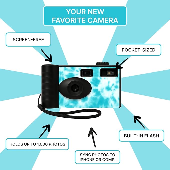 LENSY Screen Free Digital Camera | Four Built in Filters | Rechargeable, 8mp, Lightweight, Focus-Free, Auto-Flash, Easy-to-Use, Reusable, Retro Film-Style Photos (Blue Tie Dye)