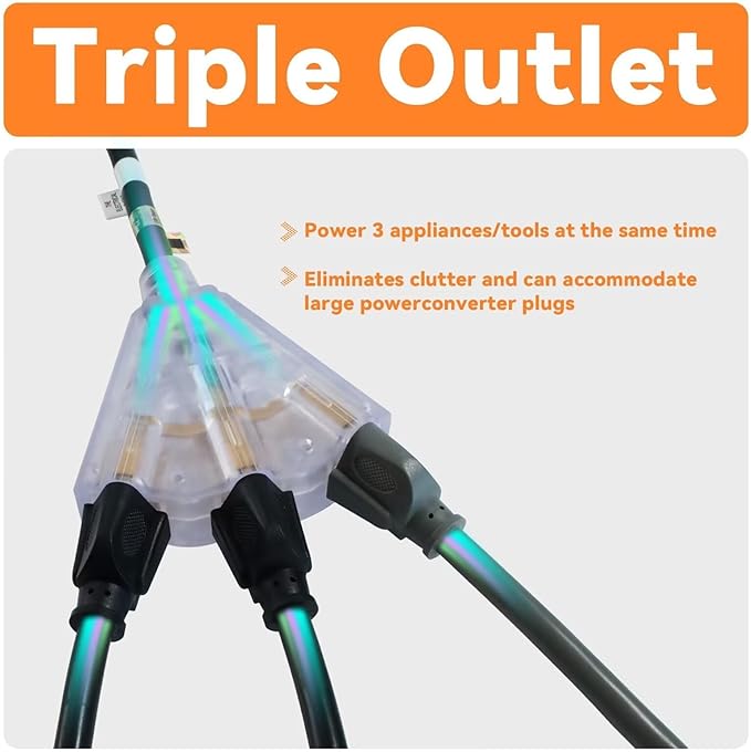 EP 50 Ft Lighted Outdoor Extension Cord with 3 Electrical Power Outlets - 12/3 SJTW Heavy Duty Black Extension Cable with 3 Prong Grounded Plug for Safety, UL Listed