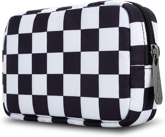 E-Tree Cute Small Makeup Bag, Cosmetic Toiletry Skin Care Make up Little Items Pouch for Purse,Zipper Mini Tech Charger Cable Electronic Organizer Case,Travel Accessories for Women Men Teen,Checkered