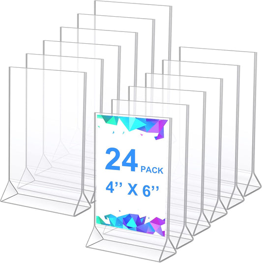 24 Pack Acrylic Sign Holder, Plastic Clear Table Display Holder Double Sided Menu Display Stands T Shaped Card Picture Frames for Office, Weddings, Meetings, Hotels, Restaurants (4 x 6 Inches)