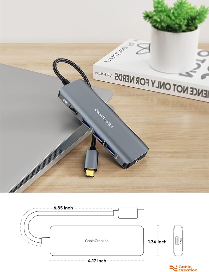 CableCreation 8K HDMI USB C Hub for MacBook Pro, 5-in-1 USB C Multiport Adapter with 100W PD, 3 USB 3.0 Ports, 8K 30Hz/4K 120Hz HDMI, Compatible with Steam Deck, Surface Pro, XPS and More - Space Grey