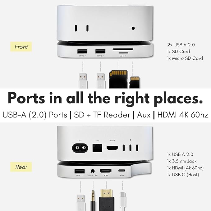 Macally Mac mini M4 Dock and Stand, Mac mini M4 Hub with NVMe/SATA SSD Enclosure, 4K HDMI 60hz, 3 USB A 10Gbps, USB C Data Port, SD Card Reader, 3.5mm Audio Jack