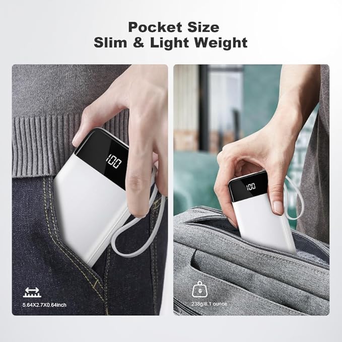 Power Bank 10000mAh Portable Charger with 4 Built-in Cables, Type-C in & Out Phone Charger, External Battery Charger Pack & Travel Essential for iPhone 16/15/14, Samsung, iPad, Android