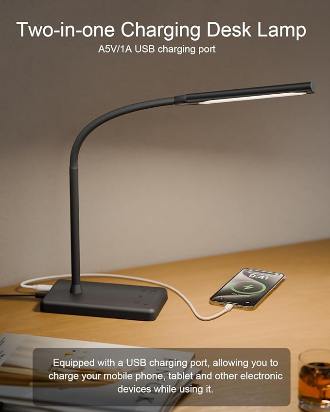 LED Desk Lamp Touch Control Desk Lamp with USB Charging Port 5 Color Modes 6 Brightness Levels Dimmable Eye-Caring Office Lamp with Memory Function 1h Timer Adjustable Gooseneck Table Lamp