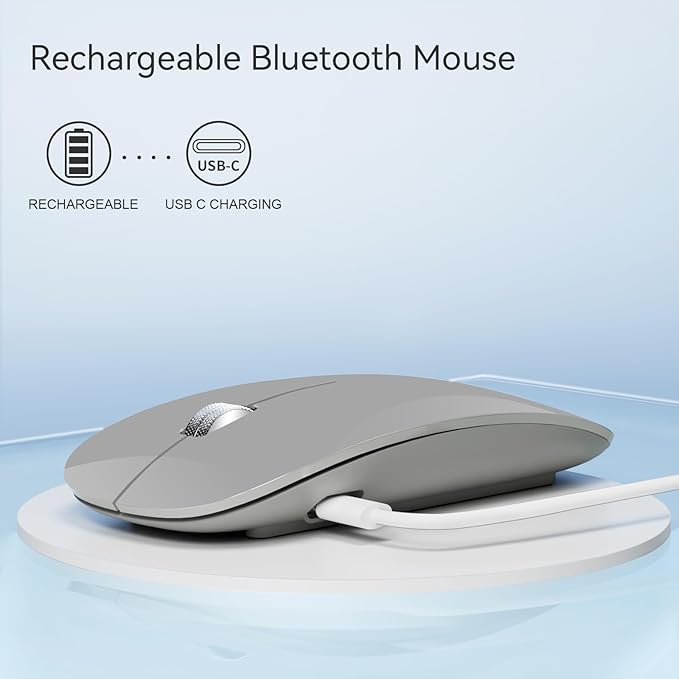 TENMOS M18 Bluetooth Mouse, USB C Rechargeable Wireless Mouse, Triple Mode (Dual Bluetooth+USB) Computer Silent Mice Portable with USB Receiver and Type C Adapter for Laptop/MacBook/iPad/PC - Grey