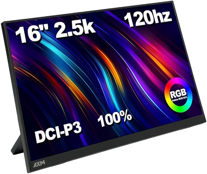 AXM 16" 2.5K Portable Monitor 2.5k QHD IPS 120Hz Adaptive Sync HDR Flicker-Free 400 Nits 100% DCI-P3 USB-C HDMI Gaming & Travel for Laptop Compatible with Windows, MacBook, Phone, Switch, Xbox PS4/5