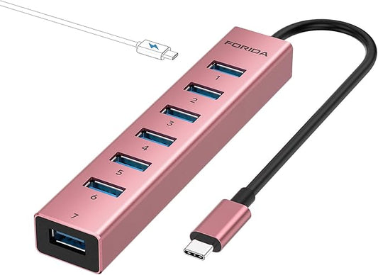FORIDA USB C Hub-8 Port USB HUB with 7 USB3.0 Data Ports,Aluminum Alloy USBC Splitter with Type C 5V/3A Power Port Compatible with MacBook,iPad,Surface Pro,Laptop,PC (Rose Gold,USB C-9.8in)