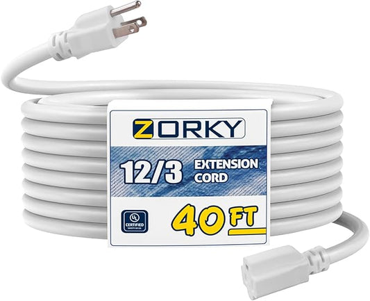 40ft Indoor Outdoor Extension Cord - 12/3 SJTW Heavy Duty Extension Cable with 3 Prong Grounded Plug for Safety -15Amp 1875W White Electric Cord Great for Garden, Appliances
