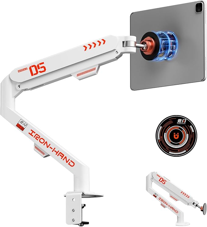 Magnetic Tablet Stand, Adjustable Desk Mount for iPad & All Tablets, 360° Rotating Foldable Arm with Gas Spring, Heavy Duty Aluminum, for Home Office, Kitchen, Bedside, Studio, White