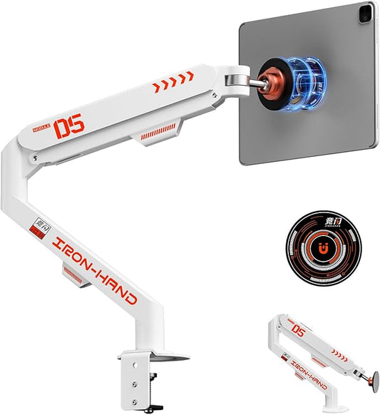 Magnetic Tablet Stand, Adjustable Desk Mount for iPad & All Tablets, 360° Rotating Foldable Arm with Gas Spring, Heavy Duty Aluminum, for Home Office, Kitchen, Bedside, Studio, White