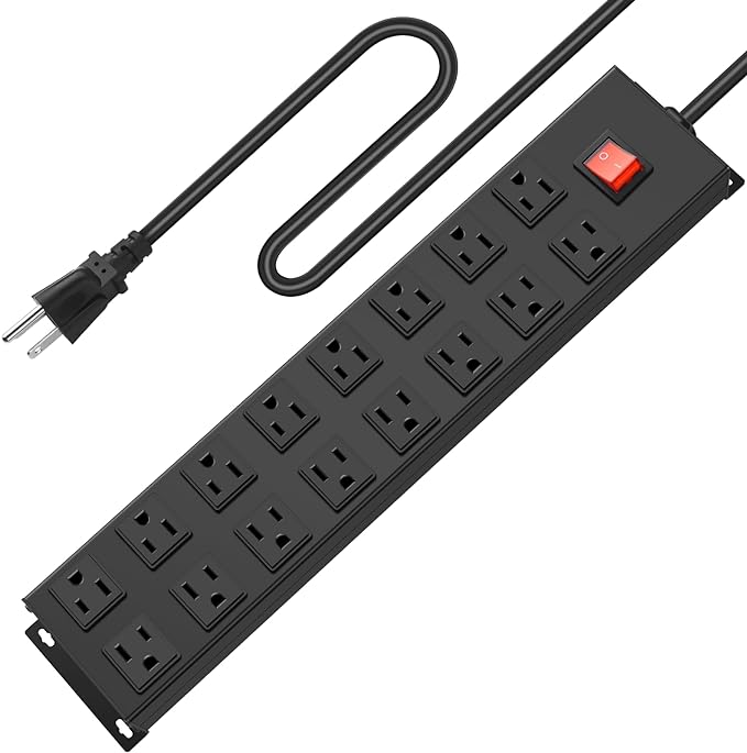 HHSOET Metal 16 Outlet Mountable Power Strip, Wall Mount Garage Workbench Socket, Gaming Table Surge Protector with 6 FT Power Cord.(Black)