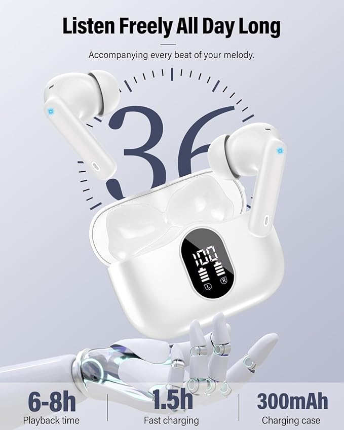 Wireless Earbuds, Bluetooth 5.4 Headphones Bass Stereo, Ear Buds with Noise Cancelling Mic, LED Display in Ear Earphones Clear Calls, IP7 Waterproof Bluetooth Earbuds for Laptop/Phones/Sports, White