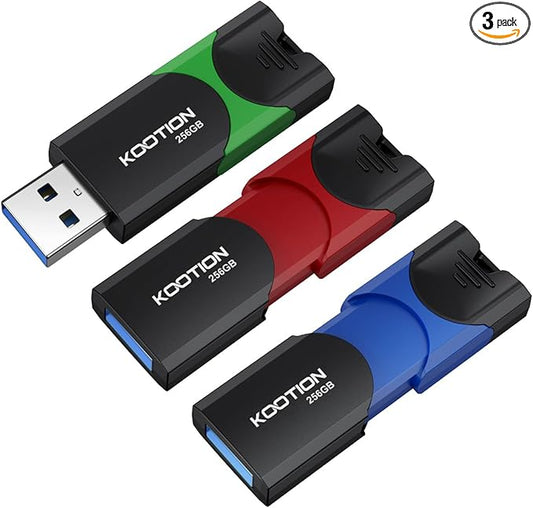 KOOTION 256GB USB 3.0 Flash Drive 3 Pack USB Flash Drives Multicolor USB Drive Retractable Thumb Drive Zip Drives High Speed Jump Drives with LED Indicator - 3Pack (Red, Green, Blue)