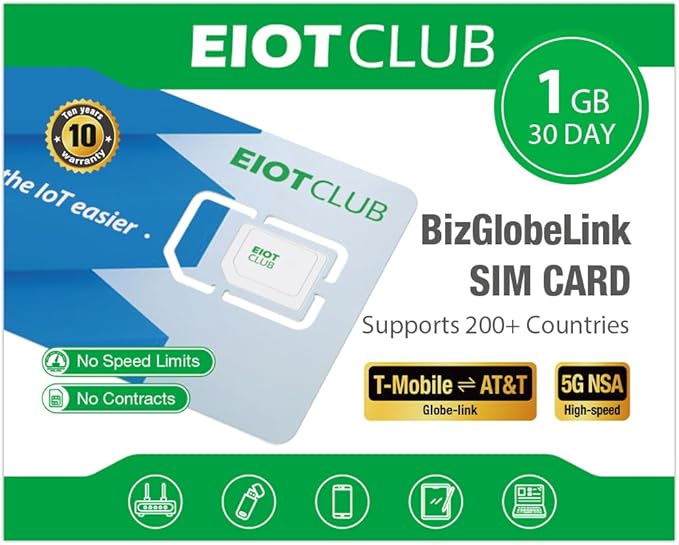 EIOTCLUB International SIM Card - 1GB/30Day, 5G/4G Business Travel SIM Card for USA/Europe/200+ Countries, Prepaid Data SIM for Mobile Phone, Router, Hotspot (No Roaming Charges)