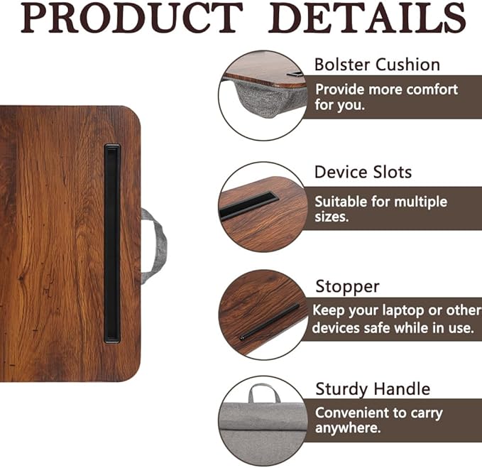 Portable Laptop Desk Fits Up to 16“ Laptops, with Tablet Slot, Built-in Cushion, Great for Home & Office,Lap Desk for Laptop,Lap Desk with Cushion (Rustic Brown, Medium)