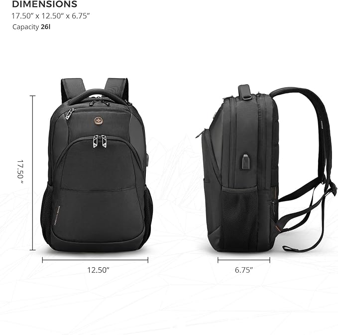 Swissdigital Design Travel Laptop Backpack, College Laptops Backpack with USB Charging Port for Men and Women Fits 16 Inch Notebook, Black | ANDWIL