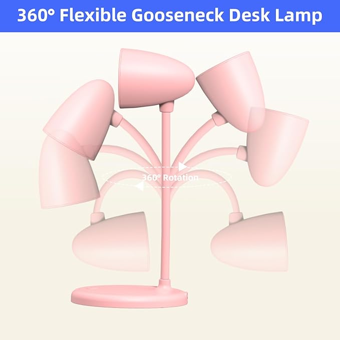 LED Desk Lamp for Home Office,3 Light Colors,Flexible Gooseneck Table Lamp,Dimmable Reading Light for Bedside Small Desk Lamp for College Dorm Room,Bedroom Desk Light Pink