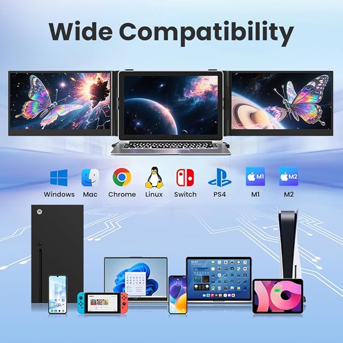 2025 Upgraded 14" Triple Laptop Screen Extender, Ultra-Thin 1080P FHD Displays for Laptop, Ultra-Light Triple Monitor for 13.3-17.3" Laptops, Compatiable with Windows/Mac/Chrome OS and Mobile Devices