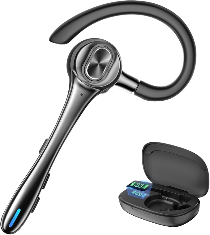 Bluetooth Earpiece Wireless Headset with Noise Cancelling Microphone 160H Standby Time Hands Free Over Ear Ear phone LED Diaplay Charging Case for IOS Android Samsung Cellphones Truck Drivers Business