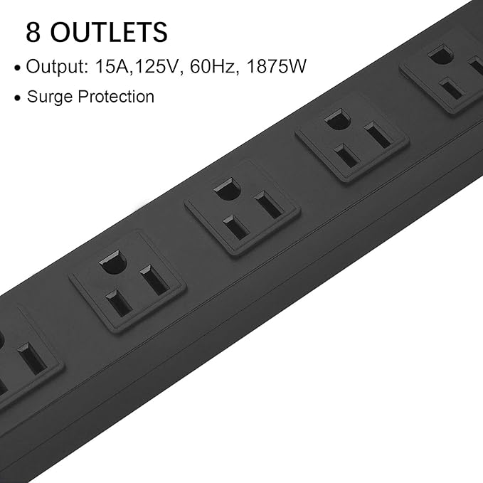 3Pack Metal 8 Outlet Mountable Power Strip, Wall Mount Outlet Heavy Duty, Wide Spaced Commercial Shop Power Strip with Switch, 6 FT Power Cord.
