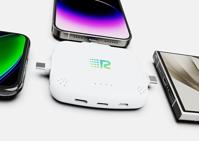 Rush Charge Universe 3 in 1 Portable Charger – 3300mah, 2.4A High-Speed Fast Charging Compatible with iPhone and Android Lightning, Type C, Micro-USB Charges 3 Devices at a Time Pre-Charged RC33 White