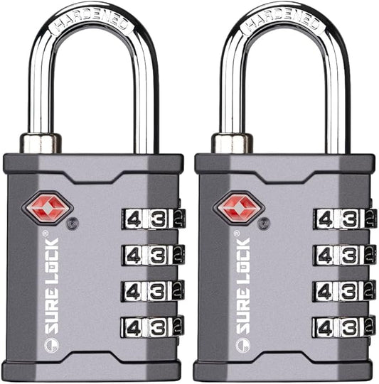 SURE LOCK TSA Accepted 4 Dig Heavy Duty Big Combination Luggage Padlock All Metal Travel Lock for Equipment Hard Case Luggage Gun Case Gym Locker Pelican Vault Lock (2, Grey)