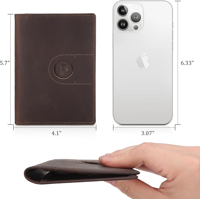 Polare Slim RFID Blocking Leather Passport Holder Travel Bifold Wallet For Men (Dark Brown with AirTag Slot-B)