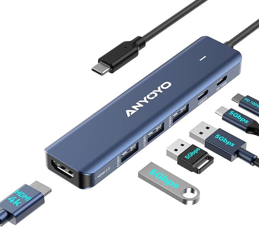 ANYOYO Docking Station,6-in-1 USB C Multiport Adapter with 4K HDMI, 4*USB 5Gbps(3A+1C),100W PD Aluminum USB Hub for MacBook Pro/Air, Other Laptops and Devices （USB-C Does not Support Video Output）