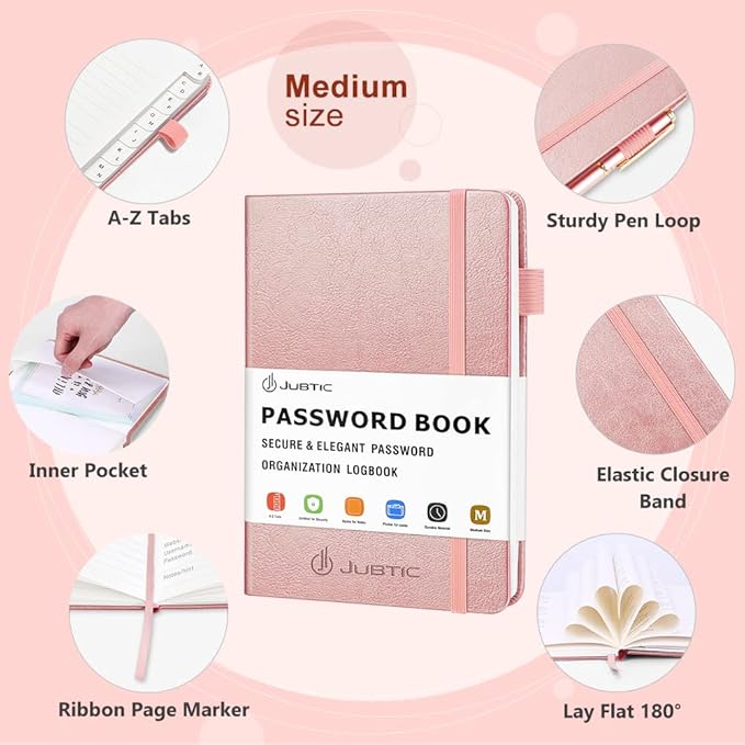JUBTIC Password Book with Alphabetical Tabs. Medium Size Password Notebook for Internet Website Address Log in Details. Hardcover Password Journal & Organizer for Home Office, Rose Gold