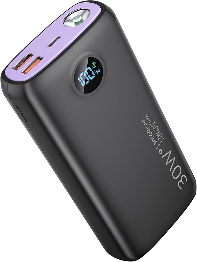 Portable Charger, 30000mAh QC4.0 PD3.0 30W USB C Fast Charging, Power Bank with 3W Flashlight and Led Display, External Battery Pack Travel Essentials for iPhone 17 16, Galaxy, LG, Tablet, and More