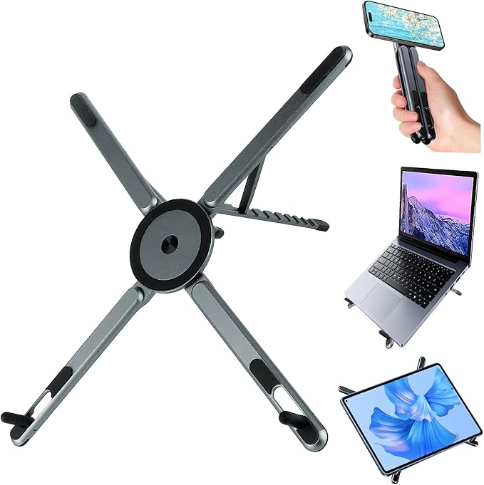 Foldable Laptop Stand for Desk, All-in-One Portable Holder for Laptop, Phone & Tablet with Magnetic Mount - 8-Angle Adjustable Aluminum with Non-Slip Base for 10-15.6" Laptops