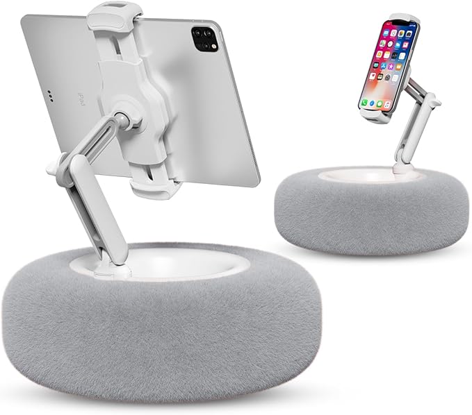 Viozon Tablet Stand Pillow, Compatible with 4.7"-13" Phone/Tablet, iPad, iPhone, Samsung, Google, Kindle, 360°Adjustable Phone Holder for Bed with Soft Plush Fabric, and Detachable Bowl, Grey