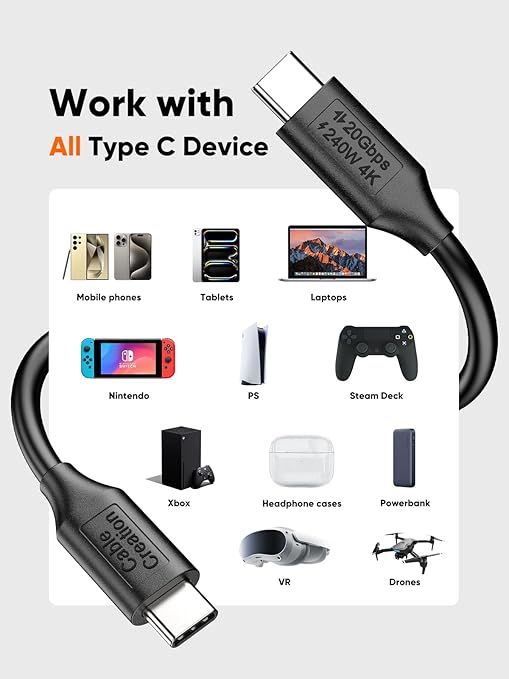 CableCreation USB C Short Cable 0.5ft,USBC Monitor 8K@30Hz/4K@120Hz, 240W Type C Charging,20G USBC Data,USB C 3.2 Gen 2x2 for Thunderbolt 4/3,Cellphone, Laptop, Android Auto, Carplay,iPhone 15/16/17