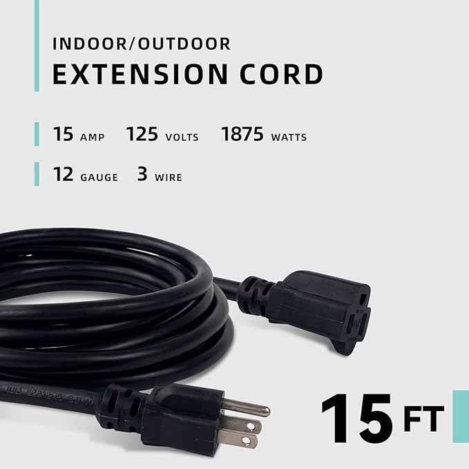 15ft Indoor Outdoor Extension Cord - 12/3 SJTW Heavy Duty Extension Cable with 3 Prong Grounded Plug for Safety -15Amp 1875W Black Electric Cord Great for Garden, Appliances