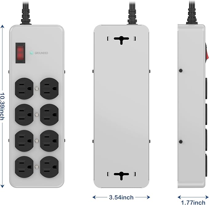 Heavy Duty Power Strip,Industrial Heavy Metal Case Surge Protector,8 AC Outlets,15Amp,2700 Joules,Protected' Indicator,14 Gauge Cord (Grey, 15FT Length)