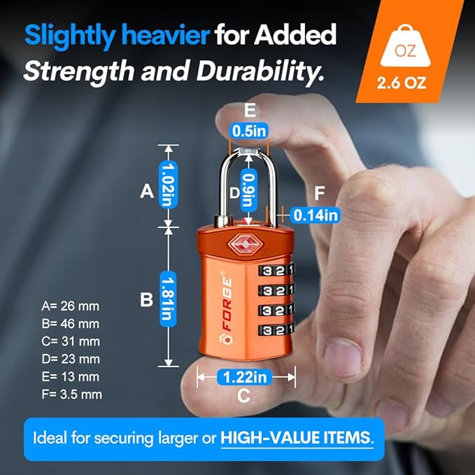 Forge Travel Lock,TSA Approved Luggage Locks for Air Travel, Gym Lockers, School Lockers, Pelican Cases, Gun Case, Easy Read Dials, Durable Alloy Body