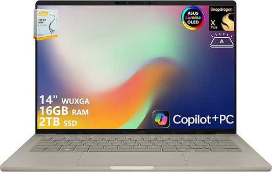 ASUS Zenbook A14 Copilot+ AI PC Laptop | 14" WUXGA OLED (100% DCI-P3) | Qualcomm Snapdragon X Plus (Up to 45 Tops) | 16GB RAM 2TB SSD | for Creator Business Professional Win11 w/DLCA Accessory