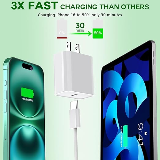 iPhone 16 15 Charger Fast Charging,3Pack 20W USB C Charger Type C Chargers Plug Wall Chargers 10FT USB-C Woven Charge Cable for iPhone 16e/16 Pro Max/16Pro/16 Plus/15 ProMax/iPad Pro/Air/Mini,AirPods