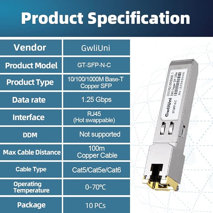 10Pcs 1.25Gbps RJ45 Copper SFP, 10/100/1000Base-T transceiver Module 100m for Switch, Router, Firewall, Network Card, Media Converter etc