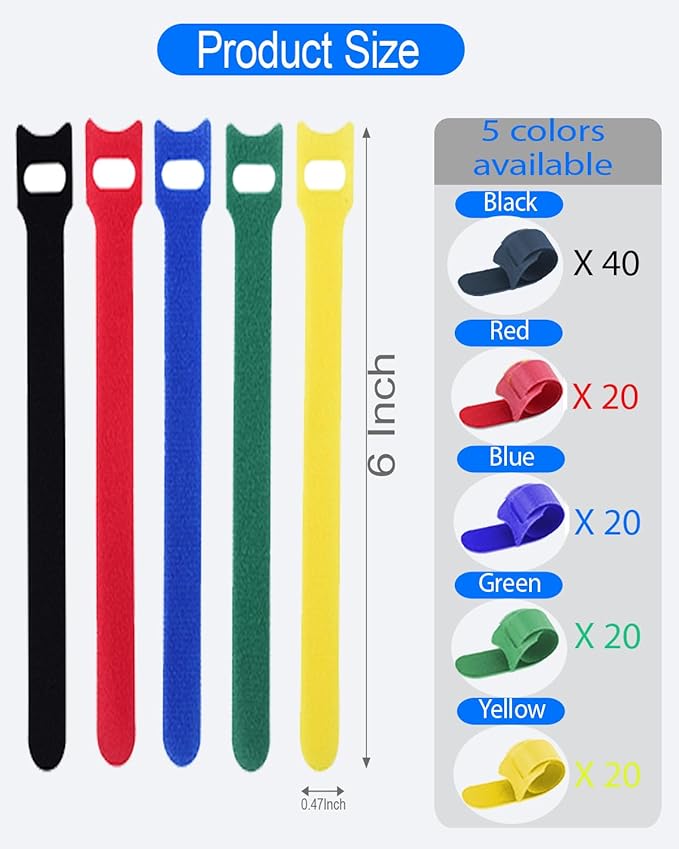 Cable Ties Reusable - 6 Inches Multi-Colour Adjustable Cord Straps Cord Ties for Cable Management Organizer, Multi-Purpose Reusable Hook and Loop for Home, Office and Garage (50)