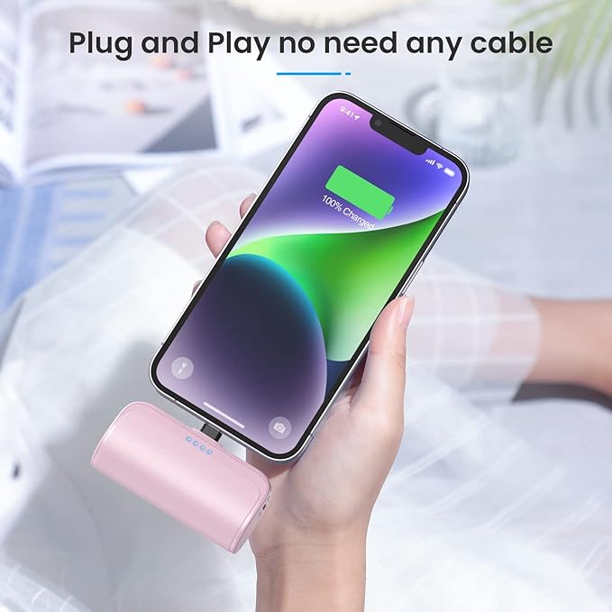 [2 Pack]Mini Portable Charger for iPhone,5200mAh Ultra-Compact Fast Charging Power Bank Cordless Cute Small Smart Battery Pack Compatible with iPhone 14/14 Pro Max/13/13 Pro/12/XR/8/7/6(Pink+Purple)