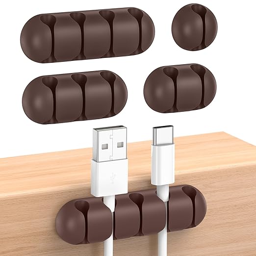 UNBREAKcable Cable Holder Clips, 5 Pack Cord Organizer for Desk, Silicone Adjustable Cord Clip, Adhesive Wire Management for Charging Cable USB Mouse Wire PC Car Office Home Nightstand Wall - Brown