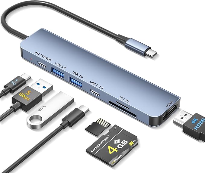 7-in-1 USB C Hub to Multiport USB Adapter Dock for Laptop, 4K USBC Docking Station to HDMI Splitter with 100W PD Charging, USBA&Type-C Data Ports, SD/TF Card Reader for MacBook Pro/Air, Lenovo,Desktop